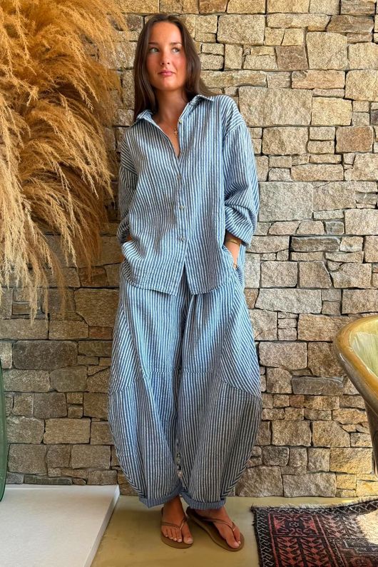 Sundaze Cheesecloth Chalk Stripe Boyfriend Shirt Denim